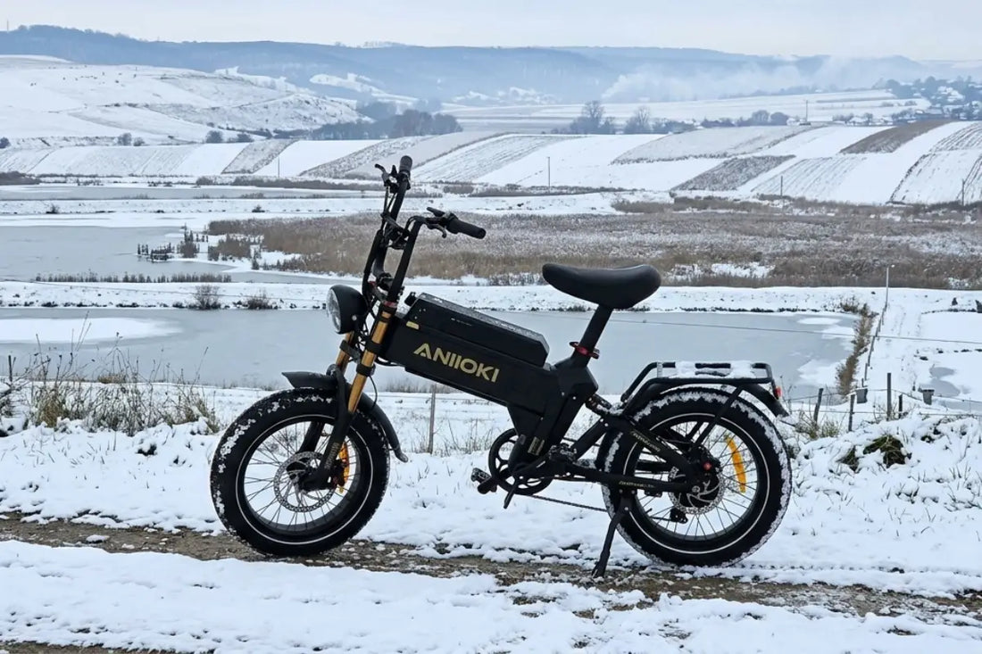 ANIIOKI A8 electric bike parked on a snowy path during winter with a snow-covered landscape and frozen ponds in the background--Can You Ride an E-Bike in the Snow？
