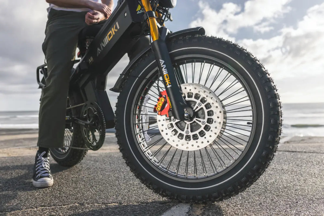 E-bike Tire Pressure focus on AIMIOKI model with black frame and red disc brake