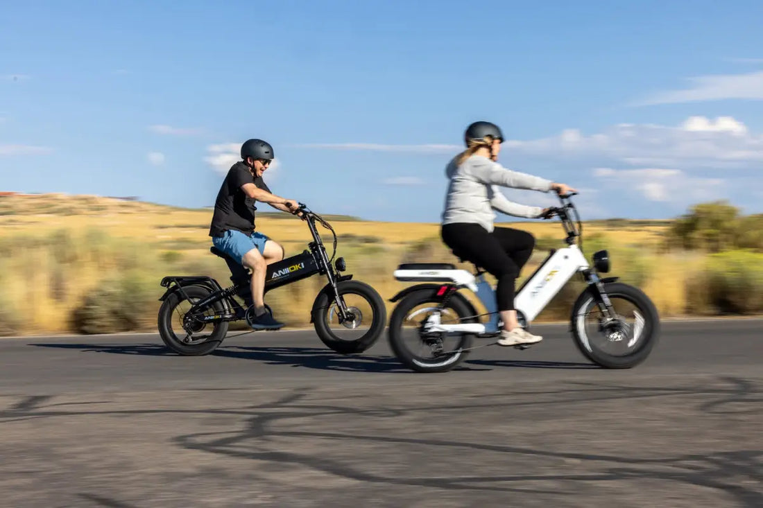 Learning how to check your e-bike hydraulic brakes for leaks on a black and a white step-thru ebike, ridden by a white man and a white woman outdoors on an open asphalt path.