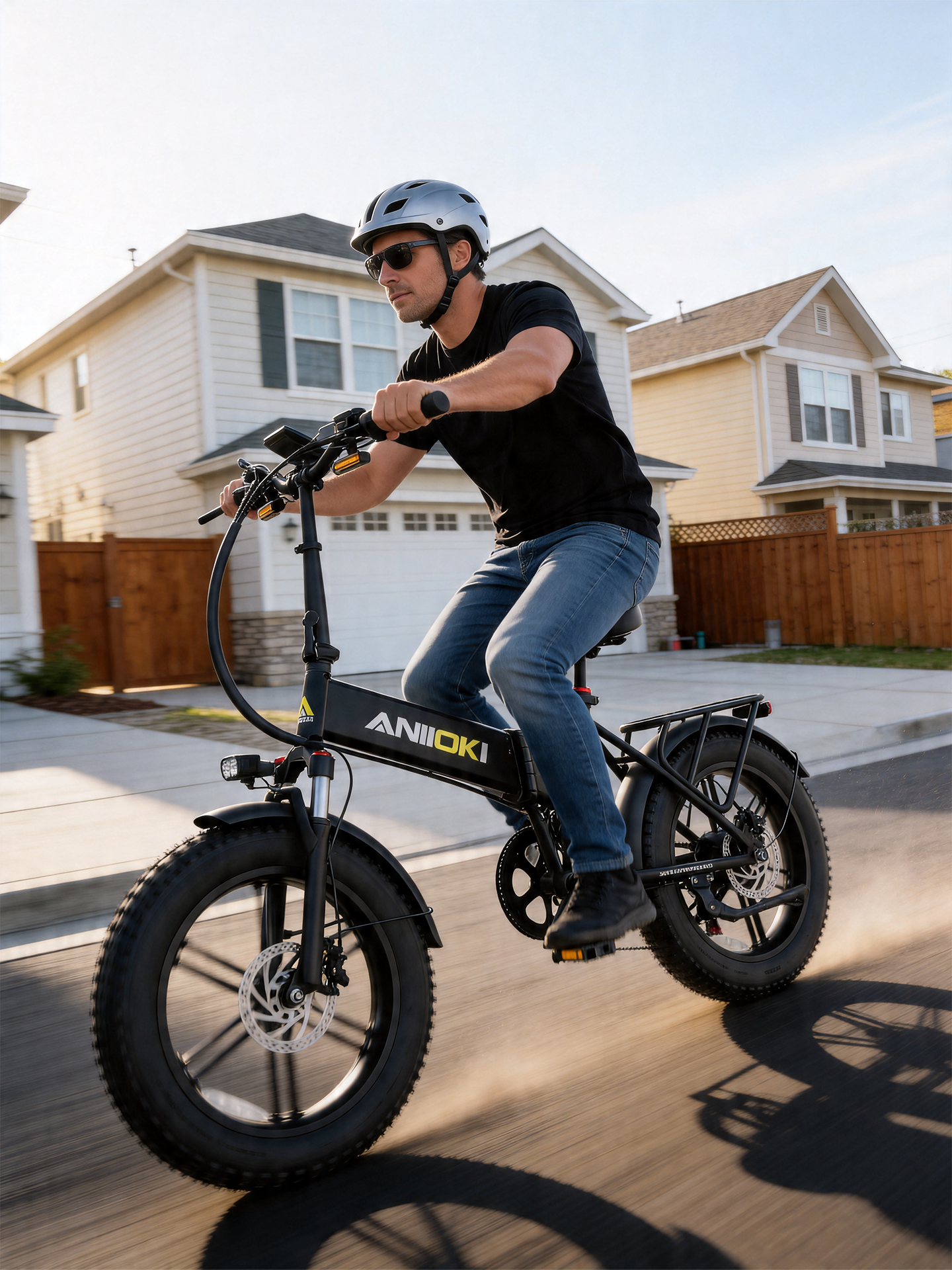Person riding an A6 Pro Foldable Electric Bike on a residential street