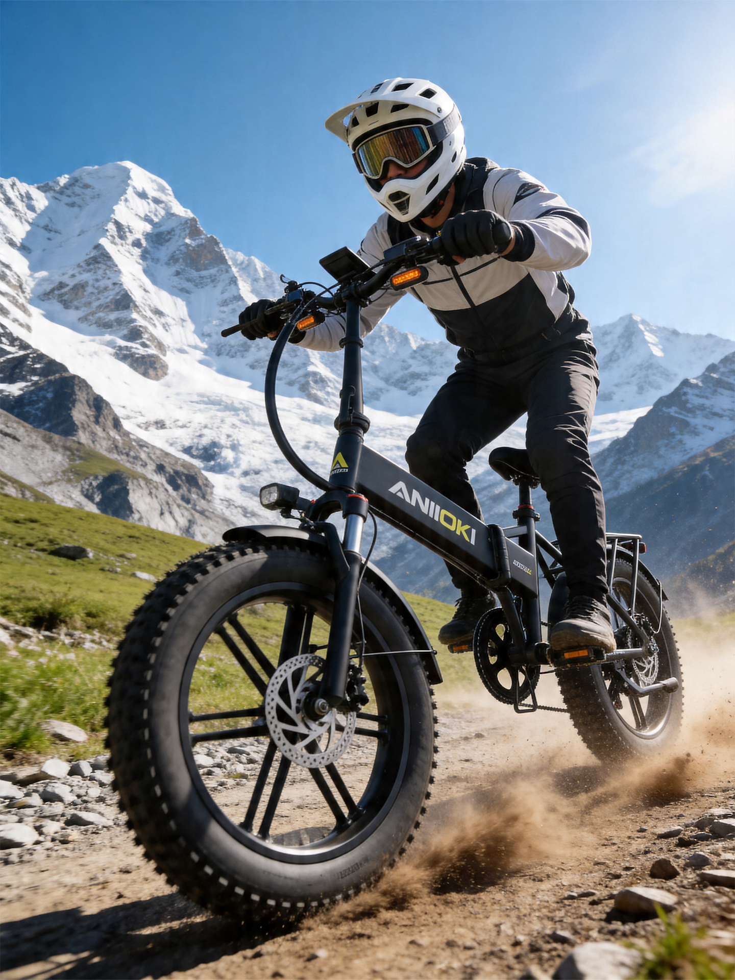 Person riding an electric bike in a mountainous landscape