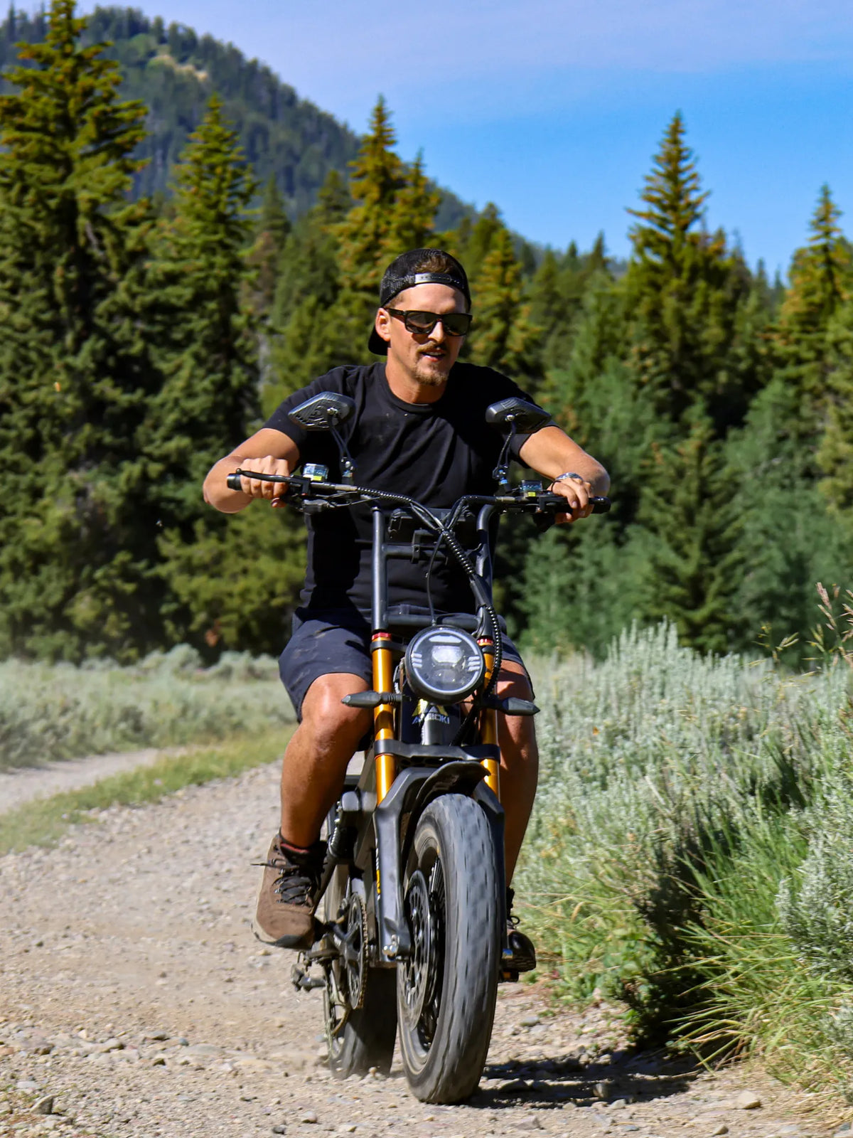 A man riding an electric bike on a gravel path surrounded by green trees and brush under a blue sky.