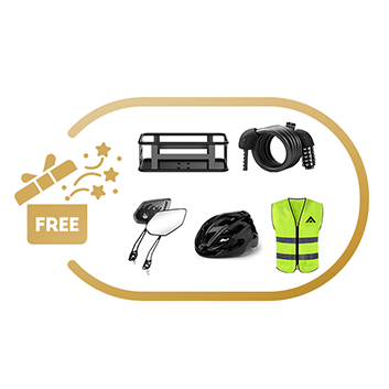 Collection of cycling accessories including a helmet, reflective vest, and lights on a white background.