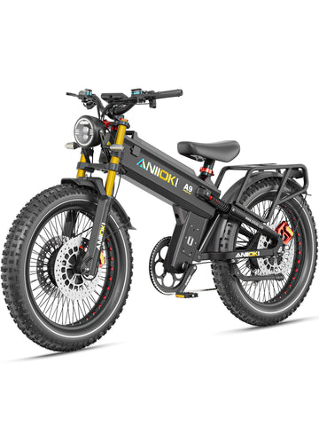 A black and gray A9 Pro Max Dual Motor Ebike with off-road tires, a front headlight, and a rear rack.